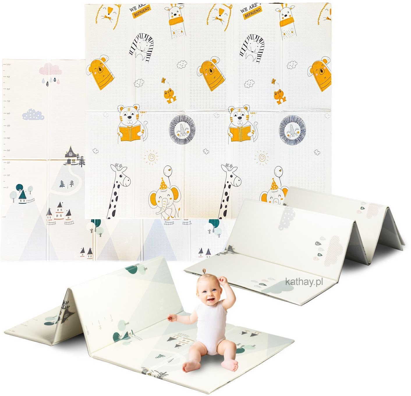 Dwustronna składana kolorowa edukacyjna piankowa mata dziecięca XXL 180x200 cm - zwierzątka