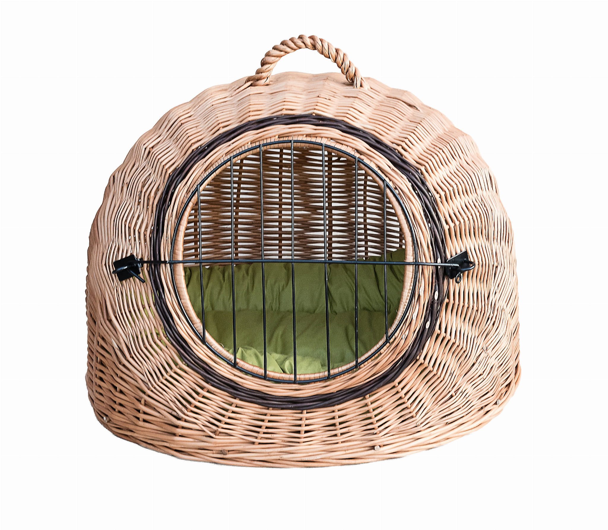 Wiklinowy transporter budka dla kota i innych zwierząt owalny kosz budka z metalowym zamknięciem i z poduszką