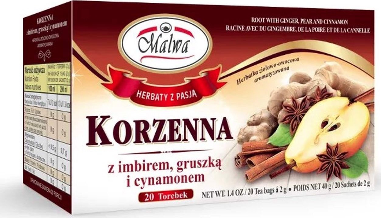 Malwa Malwa Herbatka ziołowo-owocowa korzenna z imbirem gruszką i cynamonem 40 g (20 x 2 g)
