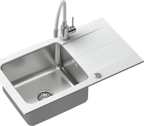 Zlewozmywak Steiner EDWARD 111 Fusion biały 780*440 z syfonem manualnym w zestawie z baterią Maggie