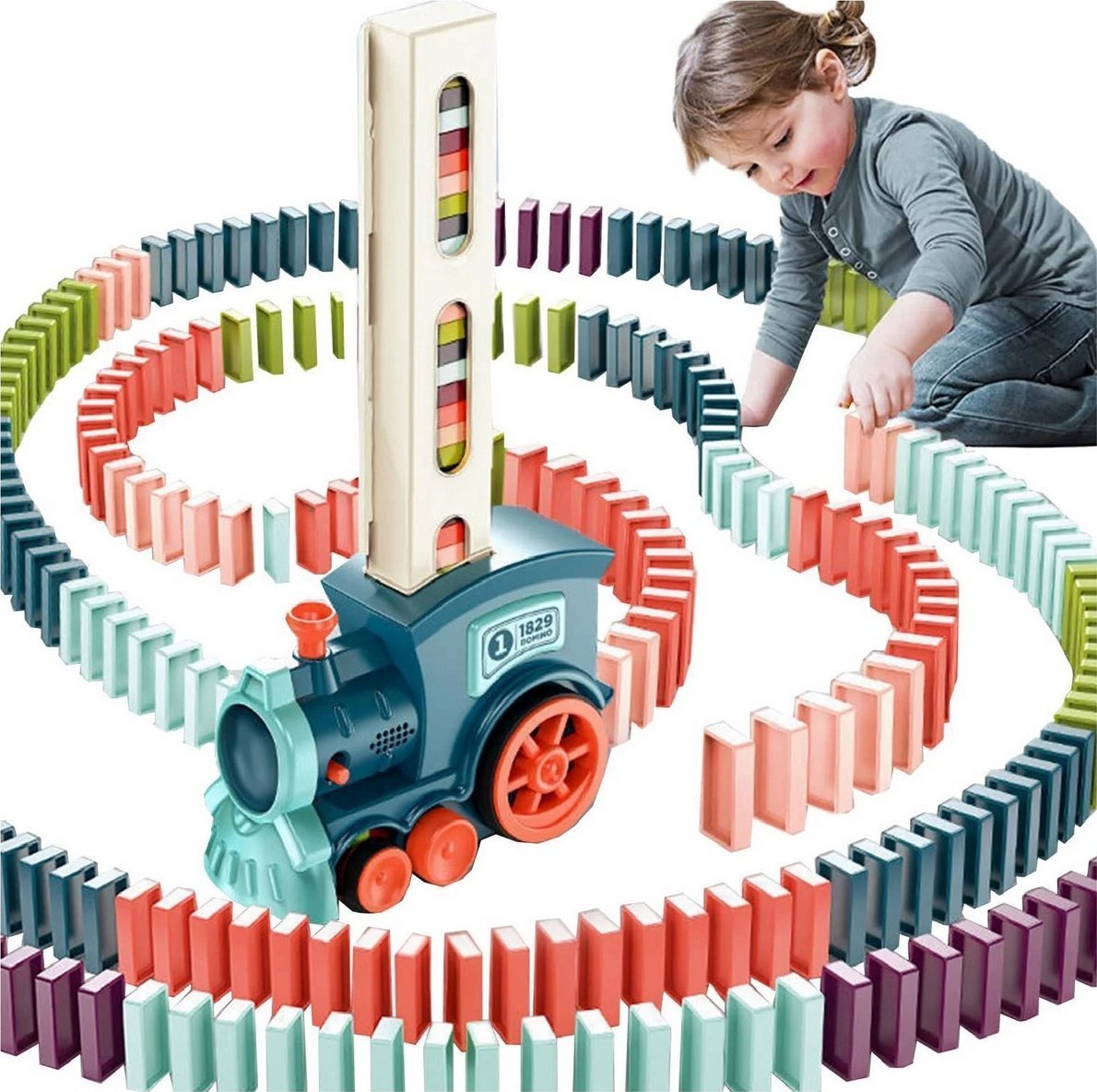 Qulki KOLEJKA POCIĄG LOKOMOTYWA UKŁADAJĄCA KLOCKI DOMINO CIUCHCIA DOMINO POCIĄG DO KLOCKÓW LED