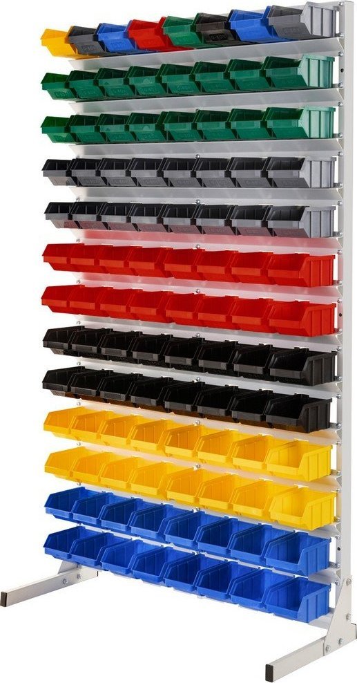 qBox Regał do pojemników warsztatowych, jednostronny. Wym: 1610x940x380mm 104 pojemniki (Regał z pojemnikami)
