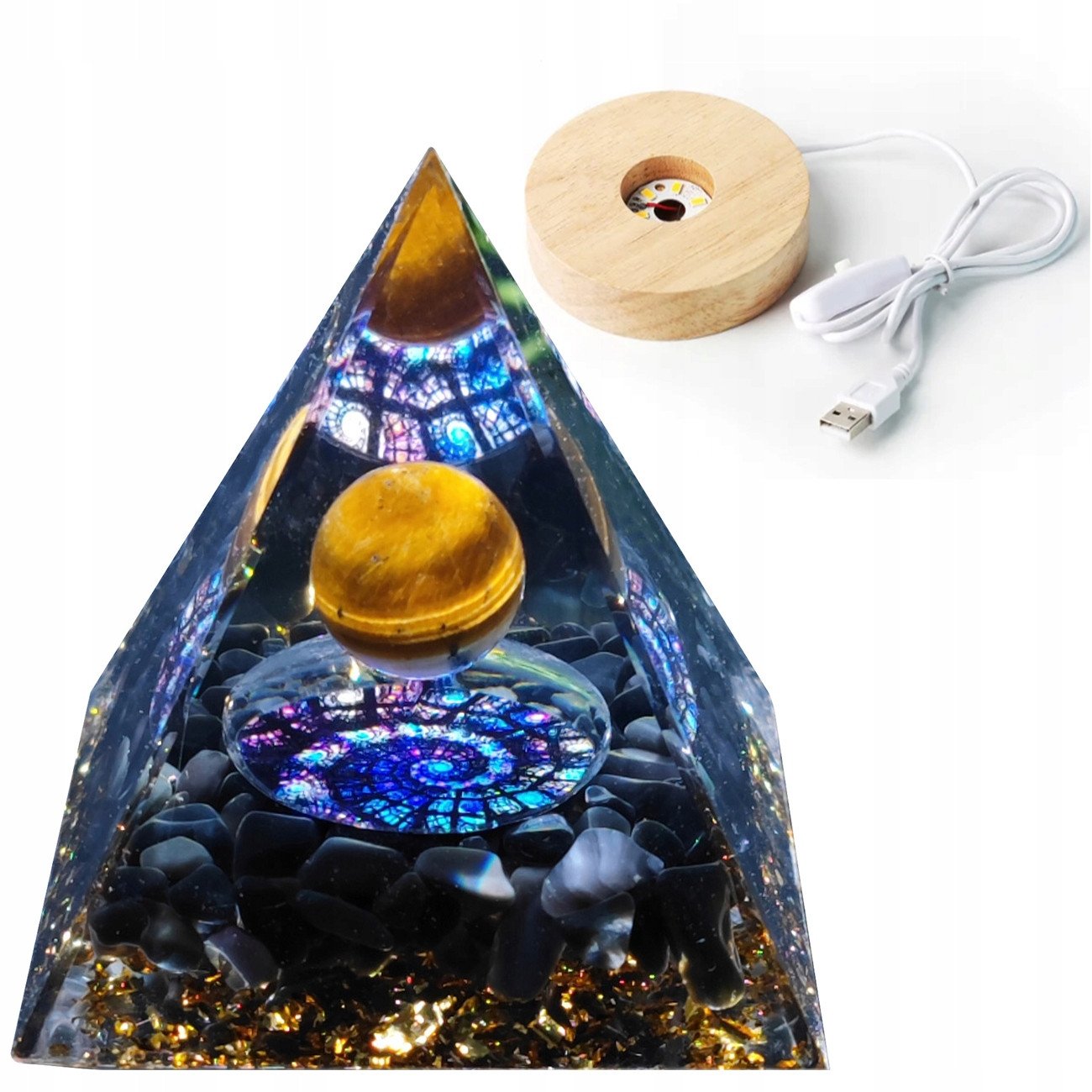 Piramida ORGONIT +LED Lampka PODSTAWA 5cm KRYSZTAŁ KAMIENIE AMULET 5cm HX13