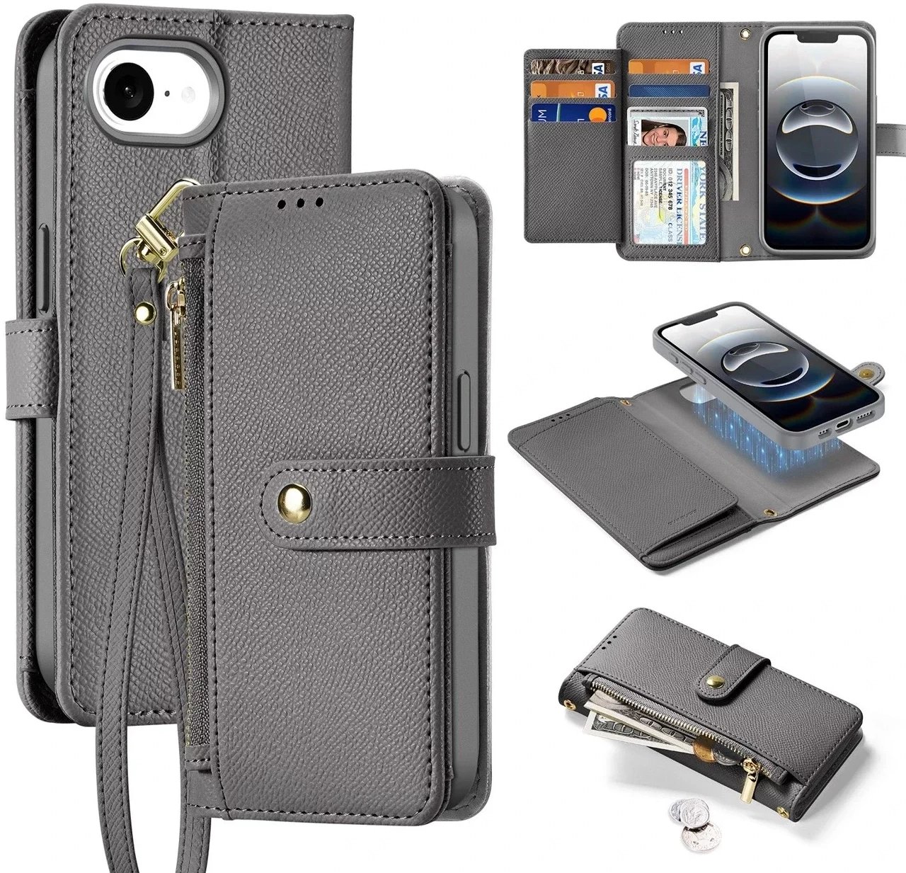 Etui skórzane do iPhone 16e Dux Ducis Lawa z portfelem MagSafe szare