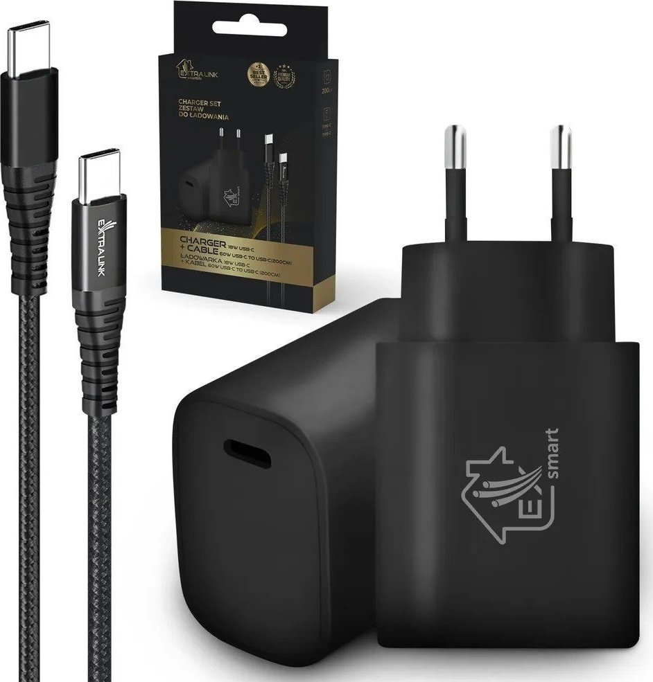 Ładowarka ExtraLink EXTRALINK SMART LIFE SET02 CABLE + CHARGER: 60W 20V 3A, USB-C-USB-C, 200CM / 18W PD3.0 5V/3A 9V/2A (BLACK)