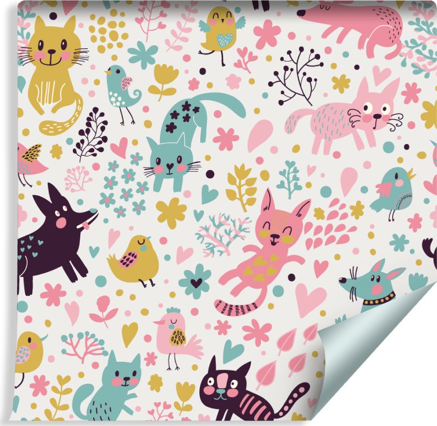 Muralo Tapeta Dla Dzieci - Kolorowe Kotki, Pieski i Ptaszki