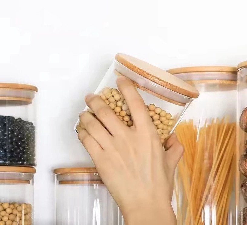 JAR STORAGE ROUND GLAS W BAMBO LID 1.1L