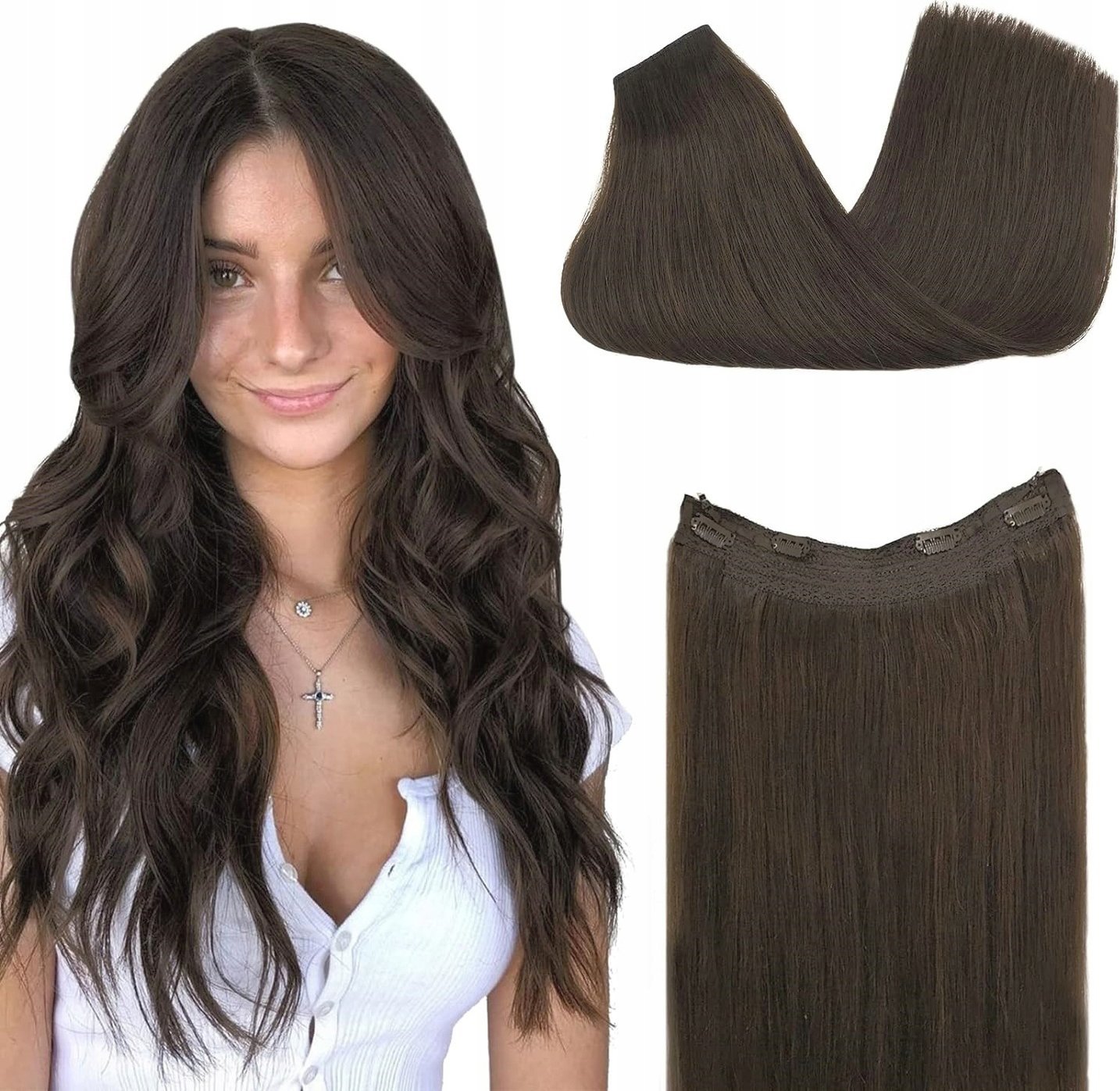 Korbi WŁOSY DOCZEPIANE TRESKA SYNTETYCZNE DŁUGIE CIEMNY BRĄZ BRĄZOWE W83