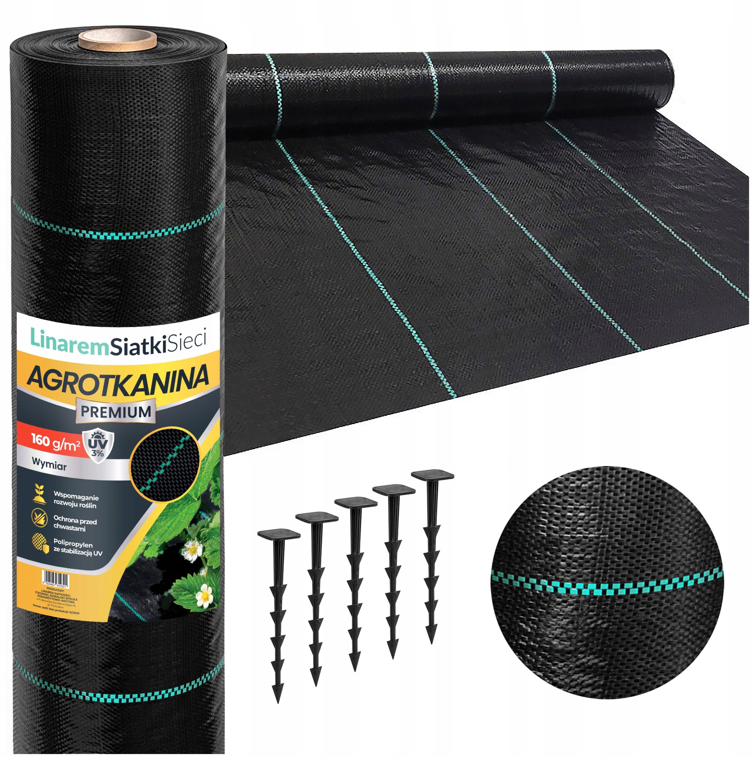 AGROTKANINA 160G 1,1x100m PREMIUM UV 3% AGROWŁÓKNINA CZARNA MATA + KOŁKI