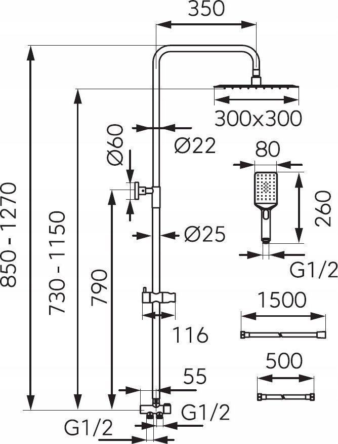 NP48-BL / FERRO / WIZARD SQUARE PRO / ZESTAW NATRYSKOWY Z DESZCZOWNIĄ, CZARNY /