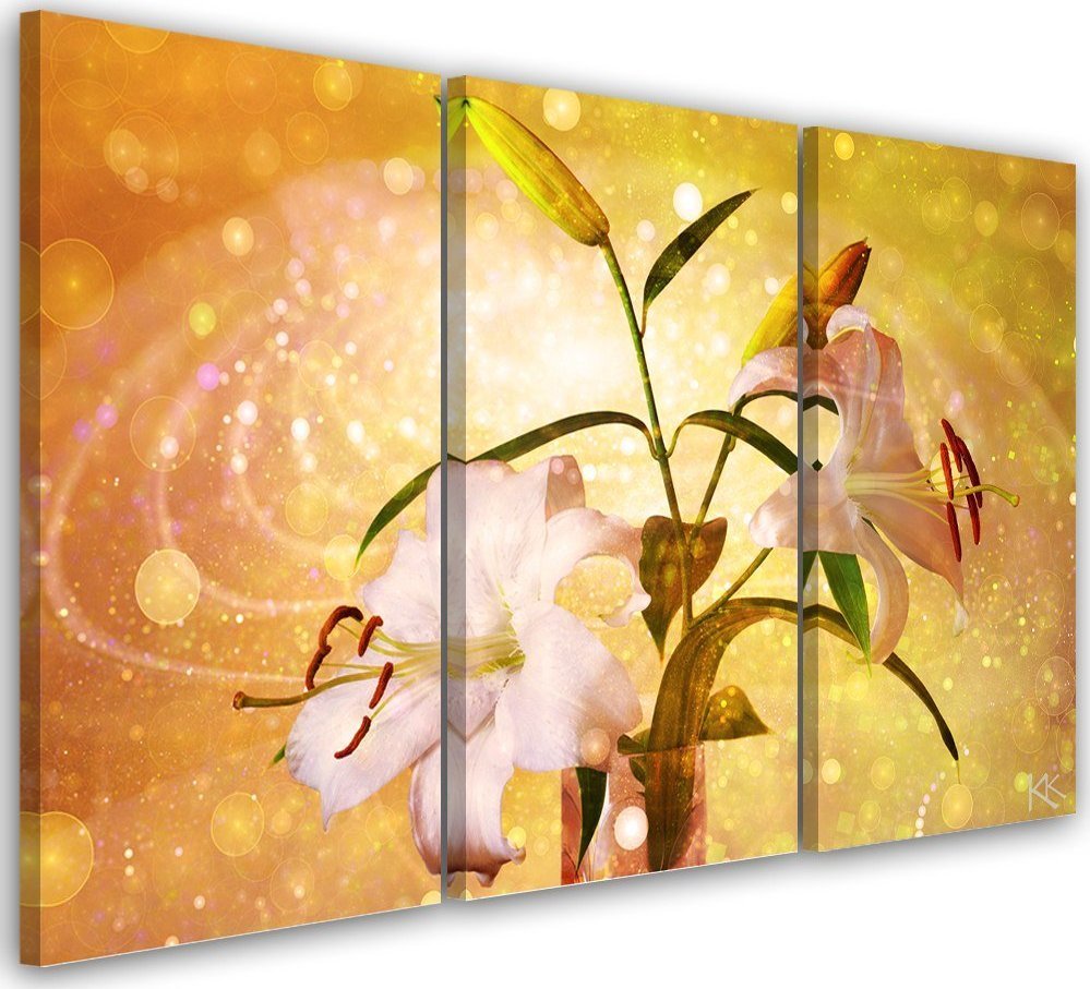 Feeby Obraz 3 częściowy na płótnie, Lilia na żółtym tle - 60x40