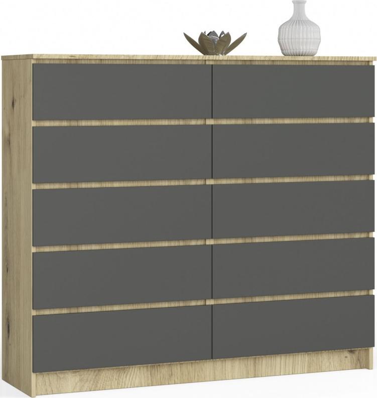 Fabryka Mebli Akord Komoda do salonu K 140 cm 10 szuflad - dąb artisan-grafit szary