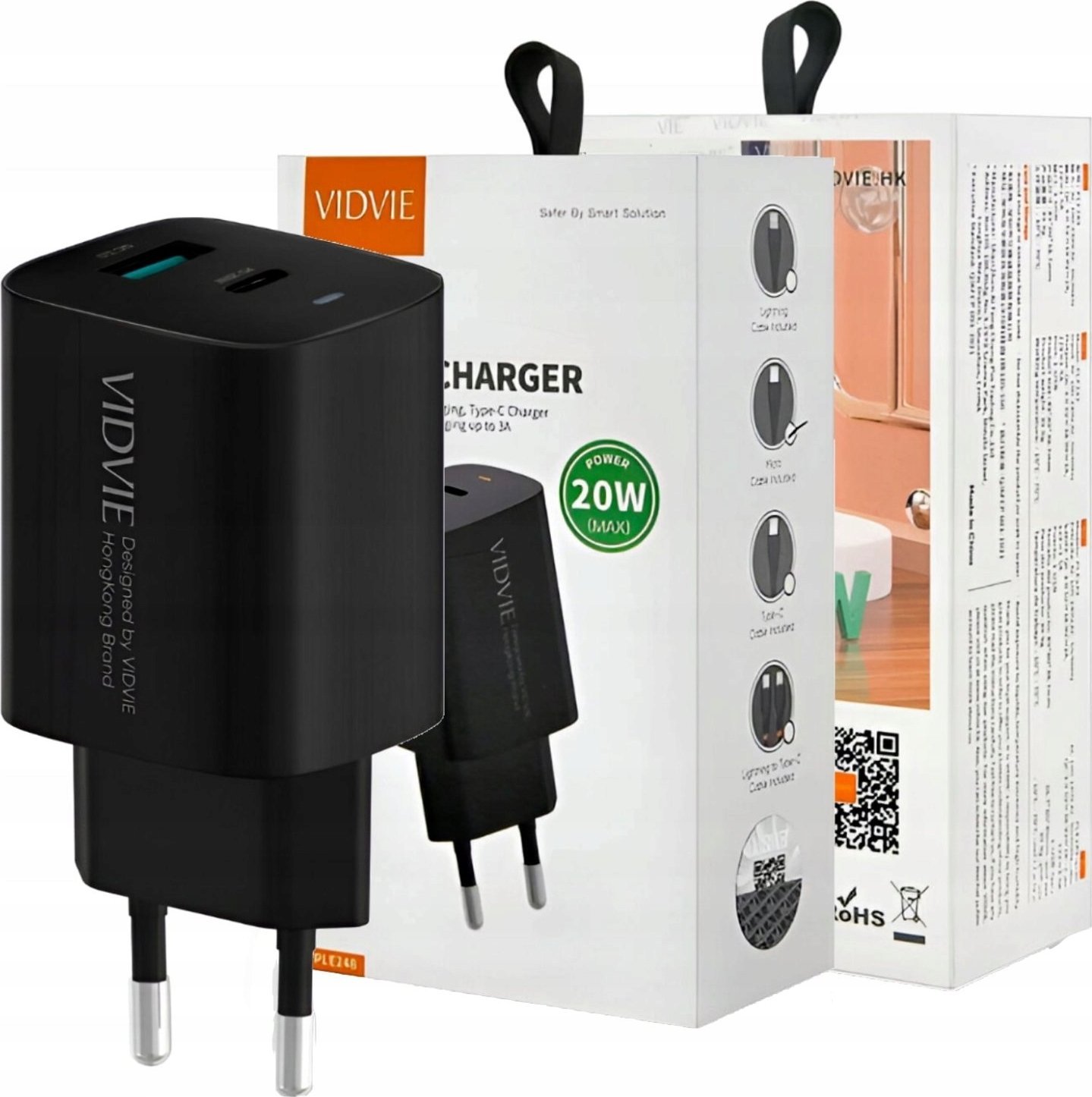 Ładowarka Vidvie ŁADOWARKA SIECIOWA VIDVIE PLE248 1XUSB 1XTYPE C 3A PD 20W CZARNY