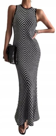 Letnia Sukienka Dzianinowa Maxi Czarna Bez Rękawów w pasy