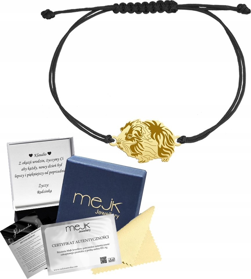 Radziszewska Jewellery Bransoletka Złota ze Świnką Morską Sznurek SREBRO 925 Prezent DEDYKACJA