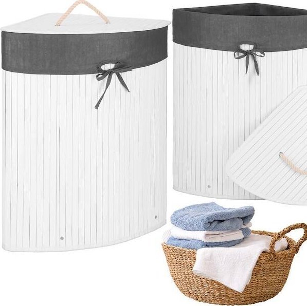 Kosz na pranie Springos Pojemnik na pranie 60L narożny biały kosz z klapą bambus naturalny UNIWERSALNY