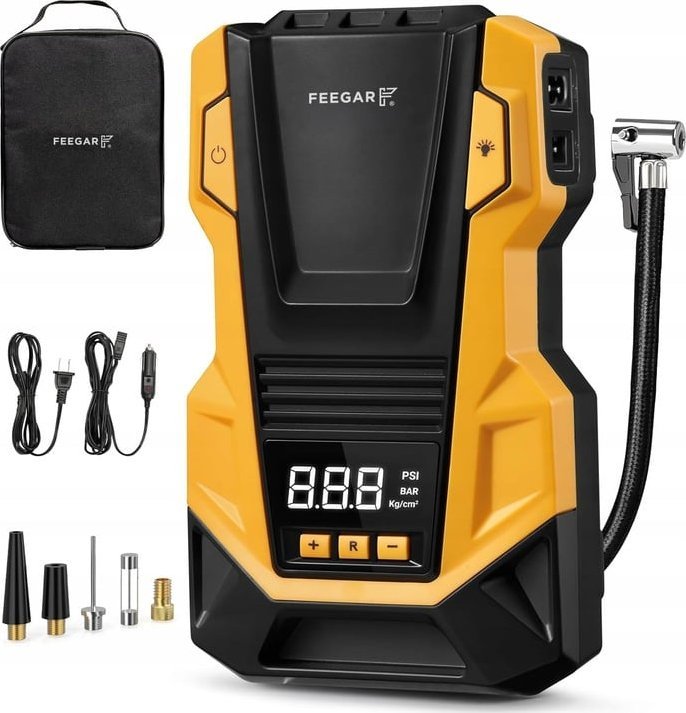 Kompresor Samochodowy 12V 230V Feegar SPRĘŻARKA POMPKA PRZENOŚNA do Kół LED