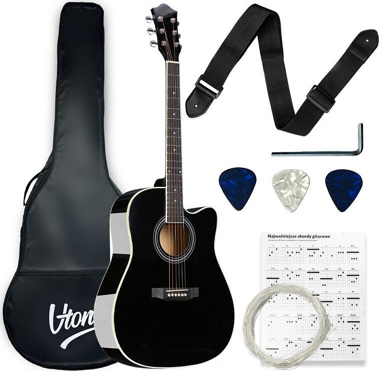 V-Tone V-TONE AG TWO BK gitara akustyczna 4/4 czarna zestaw kostki pasek zapasowe struny pokrowiec akordy klucz regulacyjny