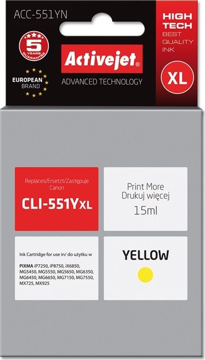 Tusz Activejet Activejet Tusz Activejet ACC-551YN (zamiennik Canon CLI-551Y; Supreme; 15 ml; żółty)