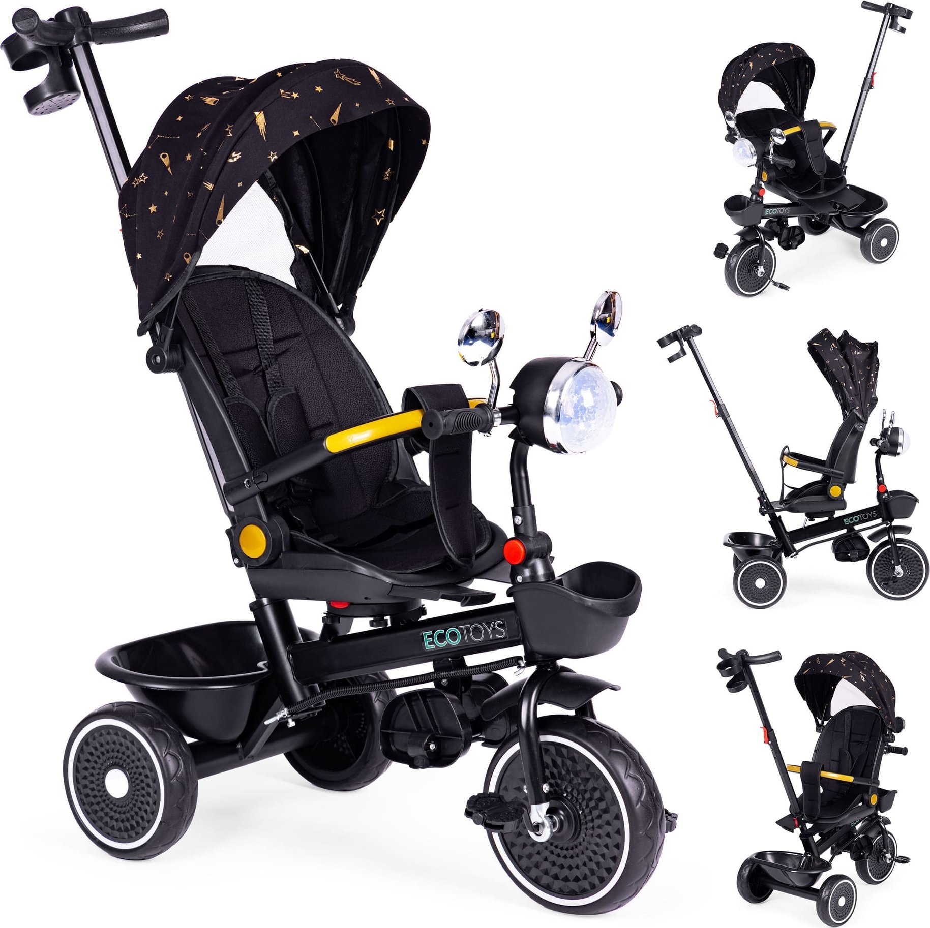 Rowerek trójkołowy dla dzieci spacerówka obracane siedzisko pchacz czarny ECOTOYS