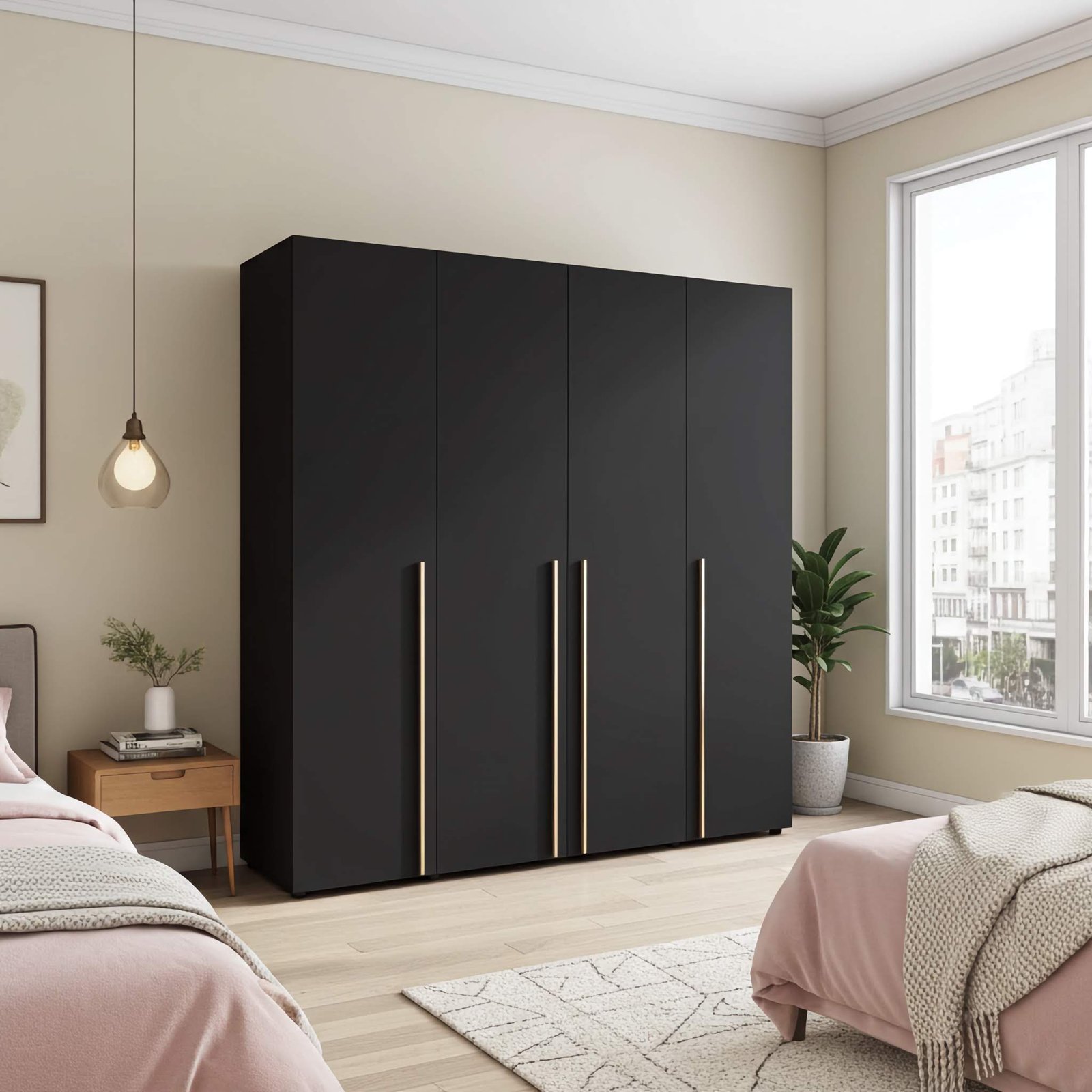 Szafa 4-Drzwiowa ARNI 200 cm Czarna Matowa 11 Półek Do Sypialni