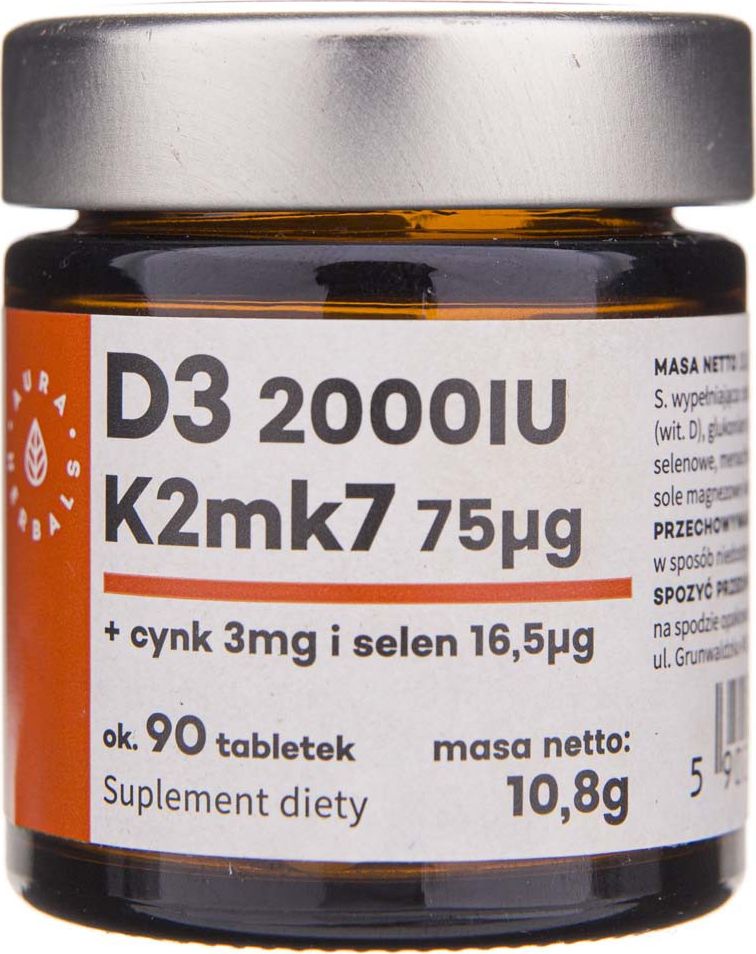 Aura Herbals Witamina D3 D-3 2000 IU+ K2 K-2 75g + cynk zinc 3mg + selen selenium 16,5g 90 tabletek 10,8g Aura Herbals