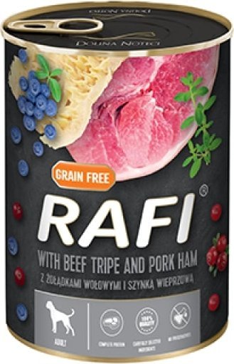 Rafi KARMA DLA PSA RAFI Z SZYNKĄ I ŻOŁĄDKAMI WOŁOWYMI BORÓWKĄ I ŻURAWINĄ 400G