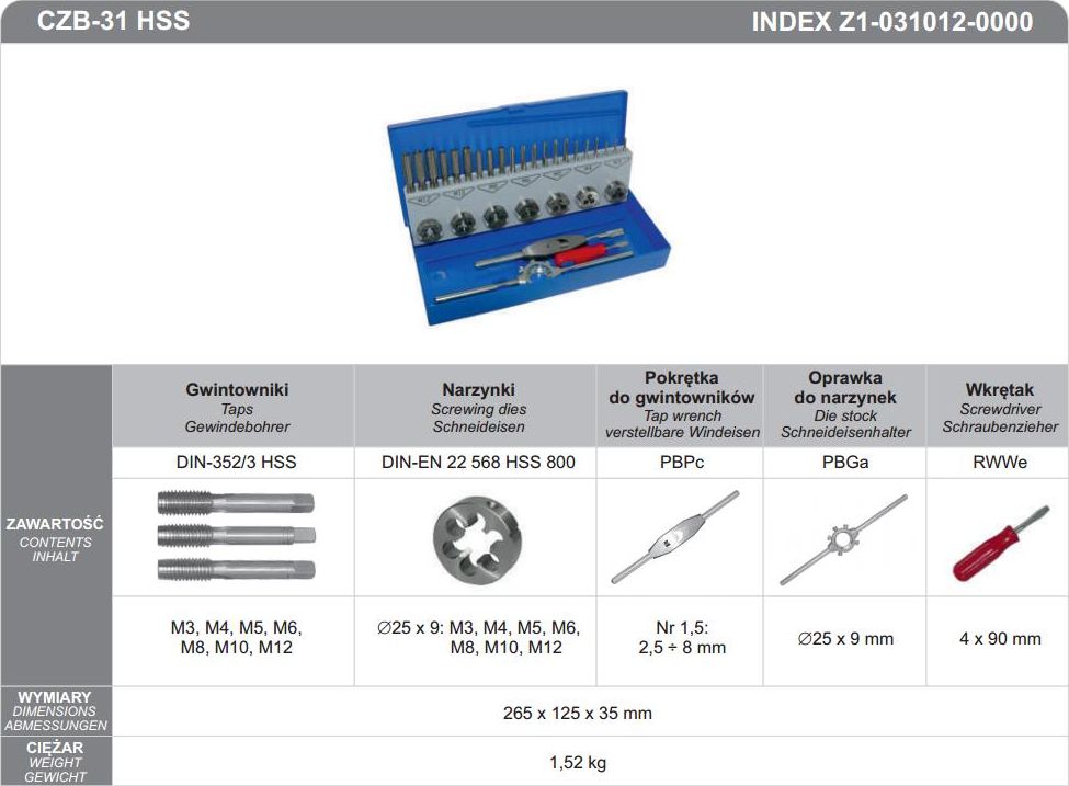 Fanar ZESTAW NARZEDZI DO GWINTOWANIA CZB-31 INOX - Z2-031012-0000