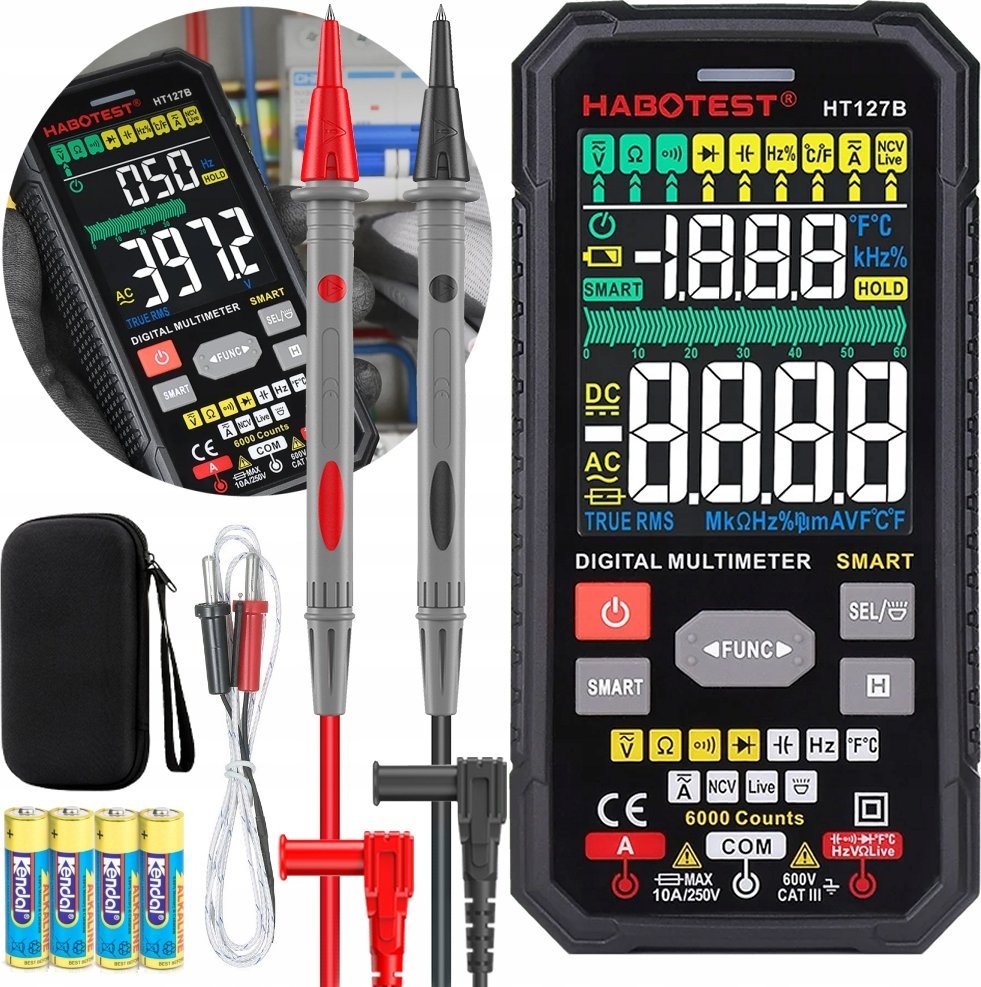 CYFROWY MULTIMETR UNIWERSALNY TRUE RMS NCV TERMOPARA PRZEWODY ETUI BATERIE