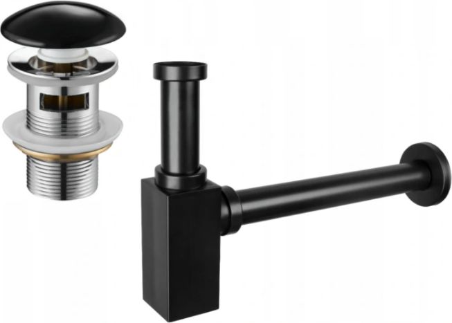 Syfon Mexen Mexen półsyfon umywalkowy kwadratowy z korkiem ceramicznym klik-klak, z przelewem, czarny - 7992060-75