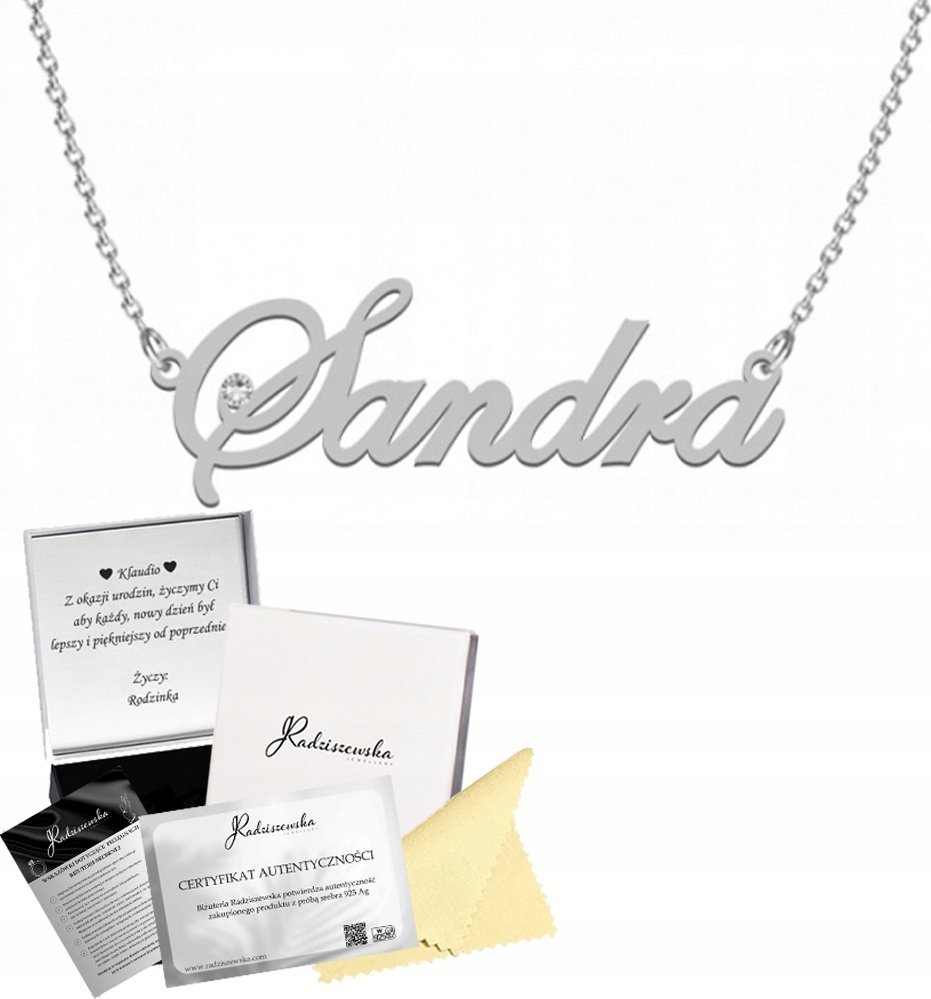 Radziszewska Jewellery NASZYJNIK SREBRNY Z IMIENIEM SANDRA ŁAŃCUSZEK PREZENT 925 ŻYCZENIA GRATIS