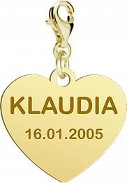 Radziszewska Jewellery Charms Złoty Serce Imię Data 925 Prezent Biżuteria GRAWER ŻYCZENIA GRATIS