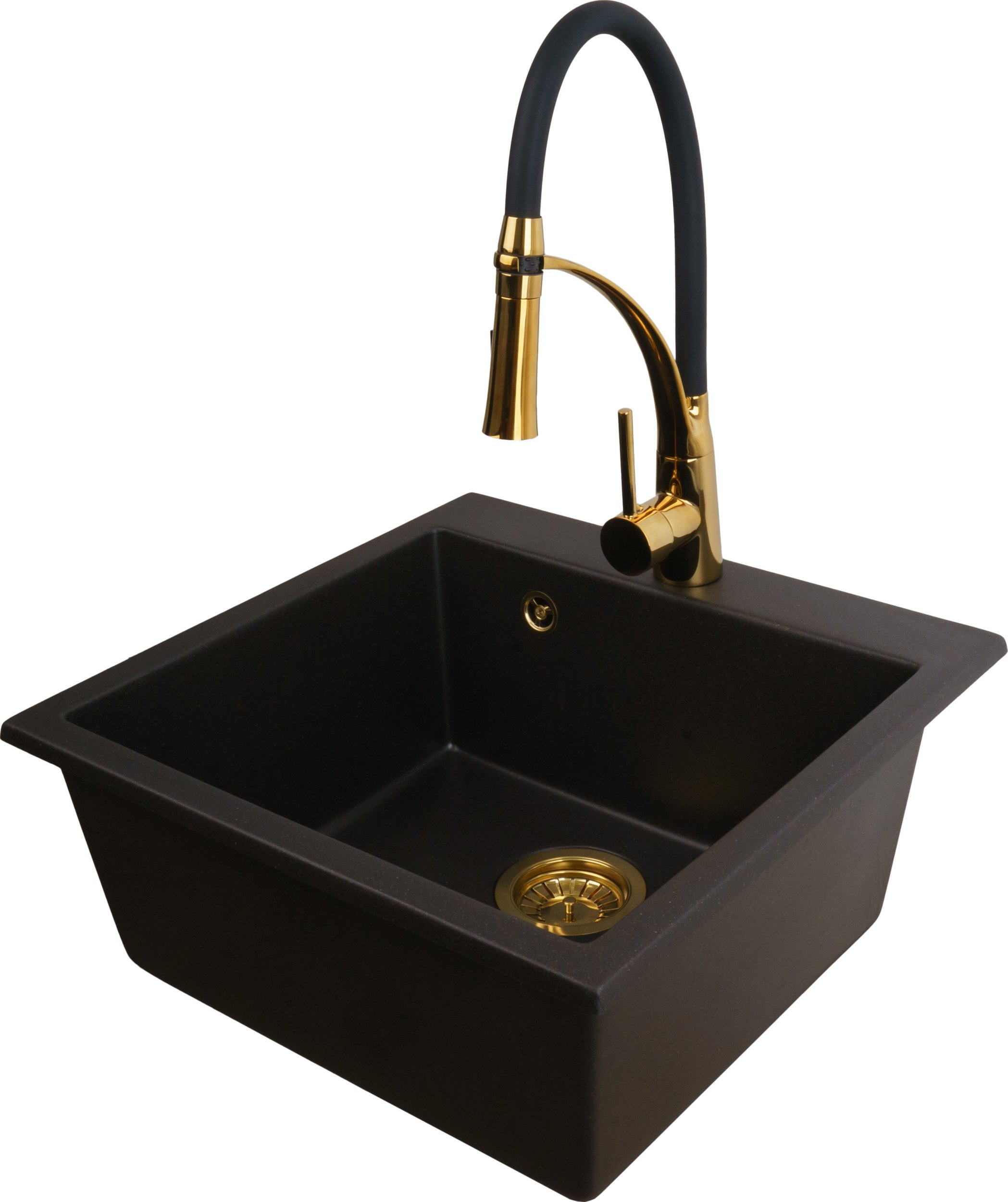 Zlewozmywak PREHNIT Zlewozmywak jednokomorowy FORTINA złoty metalik + bateria złota NEXO z wyciąganą wylewką