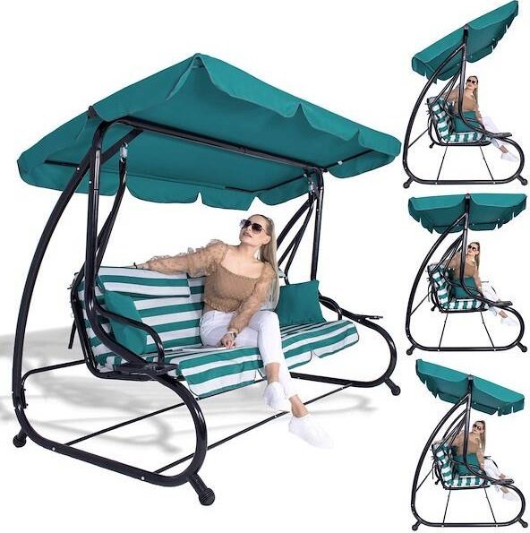 Springos Huśtawka ogrodowa z daszkiem rozkładana w paski morski UNIWERSALNY