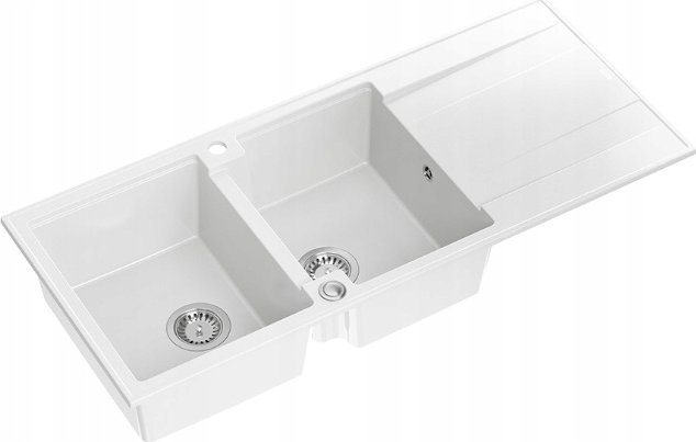Zlewozmywak GraniteQ EVAN 121 GraniteQ zlewozmywak z syfonem Push To Open 2-komorowy z/o (1160x500x210; kom. 420x340) snow white / elementy stalowe