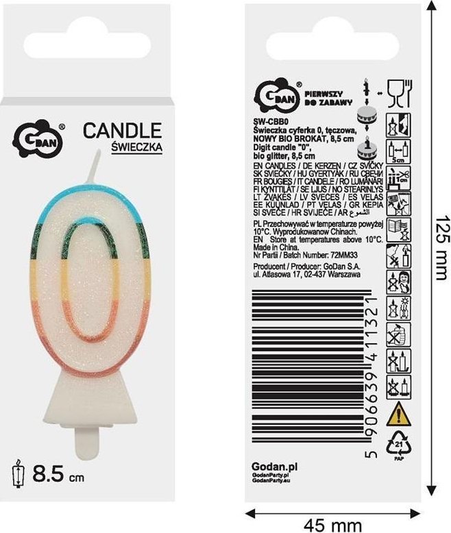 Świeczka cyferka 0 tęczowa 8,5cm