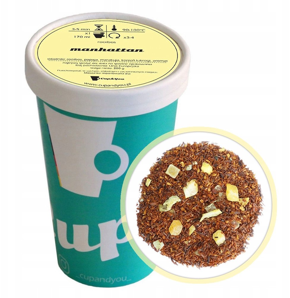 Herbata Rooibos MANHATTAN czerwonokrzew bezkofeinowa na prezent papaja 200g - herbata liściasta sypana mieszanka napar susz