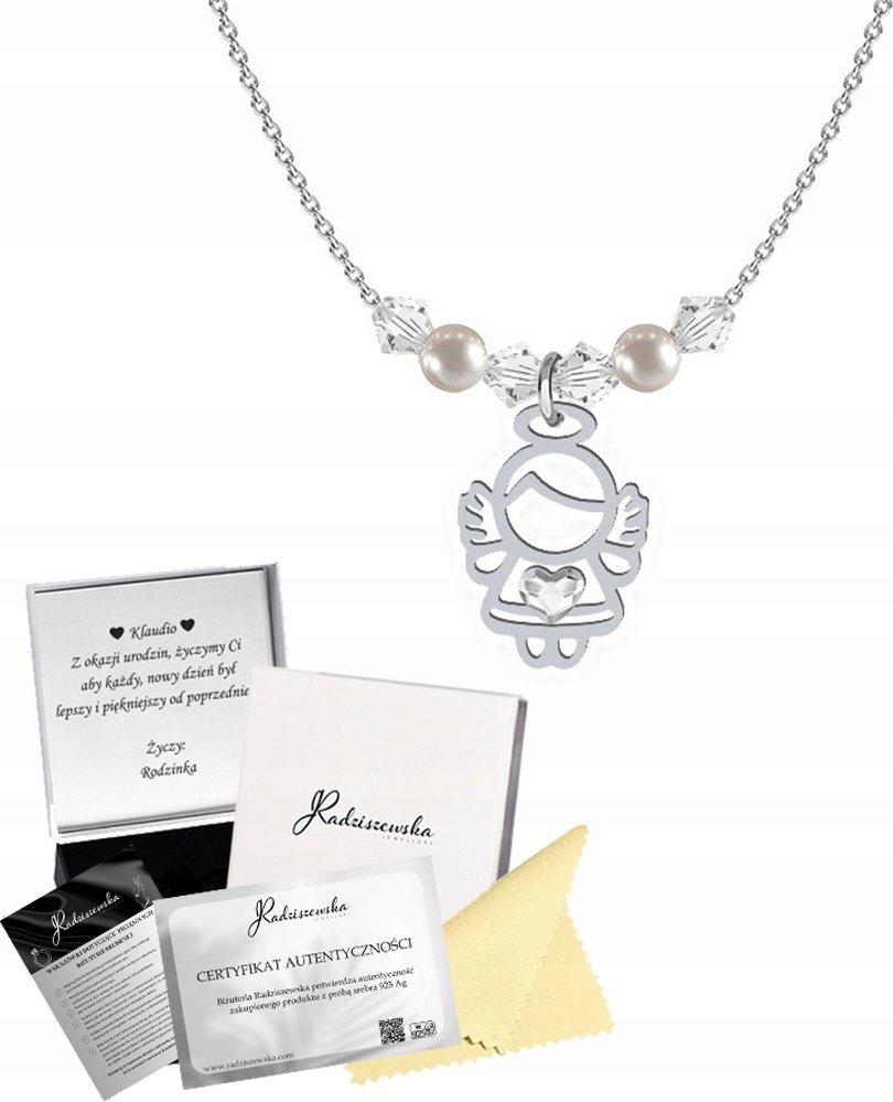 Radziszewska Jewellery Naszyjnik Srebrny na KOMUNIĘ z Aniołkiem Łańcuszek Kryształy DEDYKACJA
