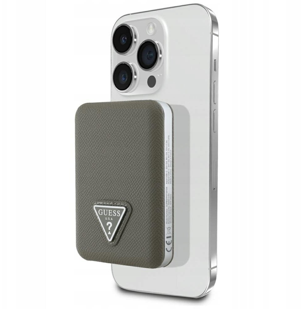 Powerbank indukcyjny Guess Grained Triangle 5000mAh 15W USB-C MagSafe brązowy