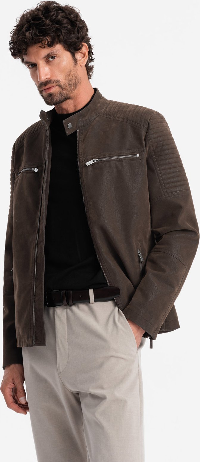 Kurtka męska Ombre Męska kurtka biker w stylu retro ze stójką brązowa V1 OM-JAFL-0197 M