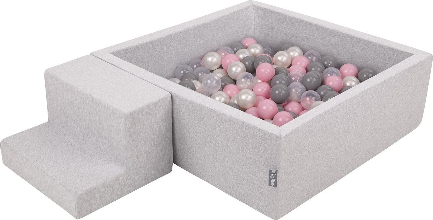 KiddyMoon Piankowy plac zabaw PPZP-KW30D-122 z piłeczkami jasnoszary: perła-szary-transparent-pudrowy róż basen 200/schodek Zabawka plac zabaw