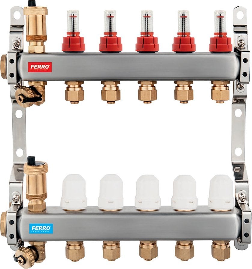Ferro Rozdzielacz ze stali nierdzewnej typ SN-RZP 1" z zaworami termostatycznymi i przepływomierzami (SN-RZP08S)