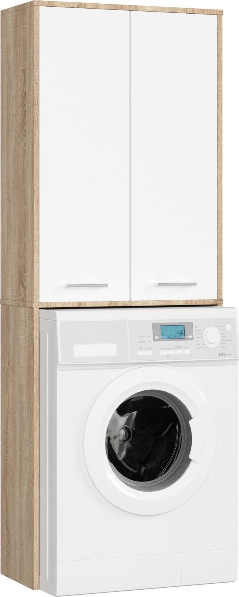 Fabryka Mebli Akord Słupek łazienkowy FIN 180 cm nad pralkę regał 2 drzwi - dąb sonoma biały