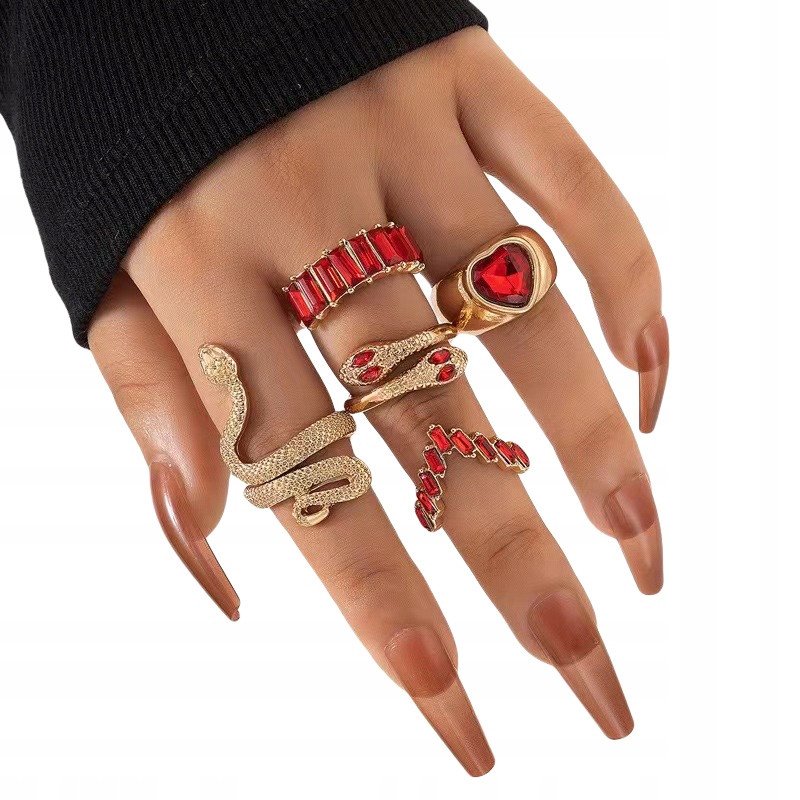 Złoty ZESTAW PIERŚCIONKÓW RETRO PUNK VINTAGE 5 Pierścionków WĘŻE Czerwony