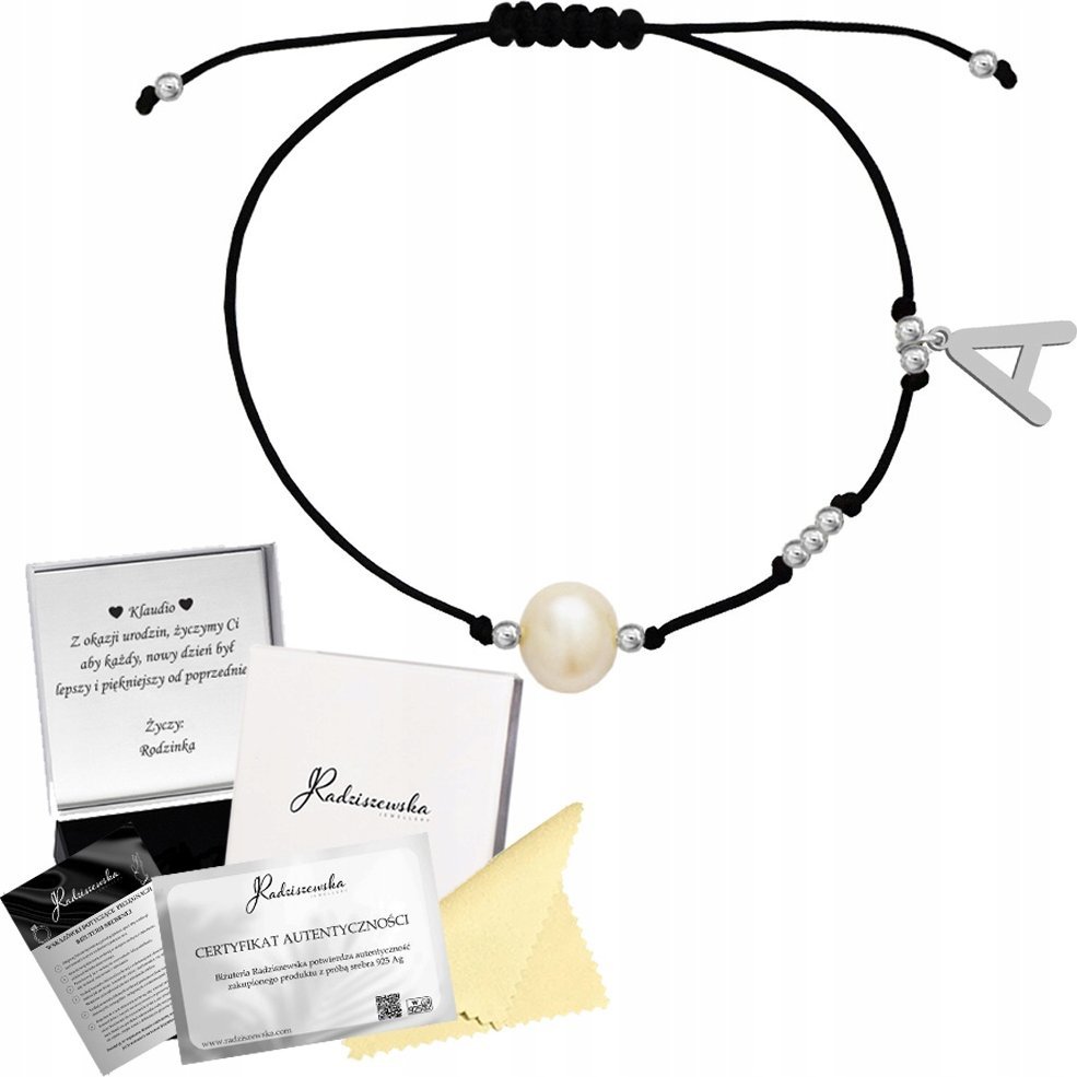 Radziszewska Jewellery Bransoletka Srebrna Literka Perła Naturalna 925 Sznurek Dedykacja Prezent