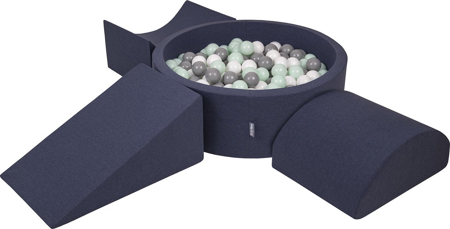 KiddyMoon Piankowy plac zabaw PPZP-OK30D-114 z piłeczkami granatowy: biały-szary-mięta basen 300/klin L/rampa L/półwałek L Zabawka plac zabaw