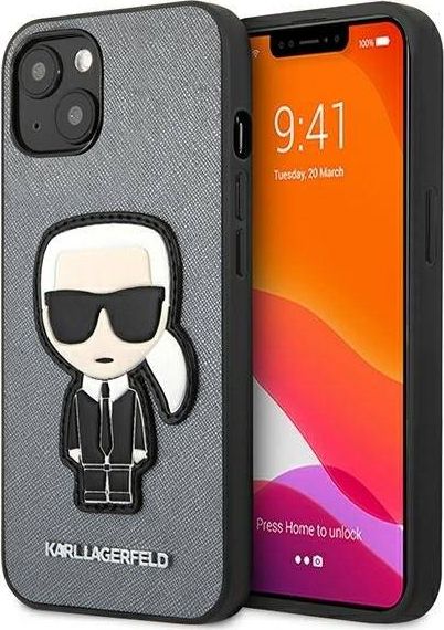 Karl Lagerfeld KLHCP13SOKPGiPhone 13 mini 5,4" srebrny/silver hardcase Saffiano Ikonik Karl`s Patch
