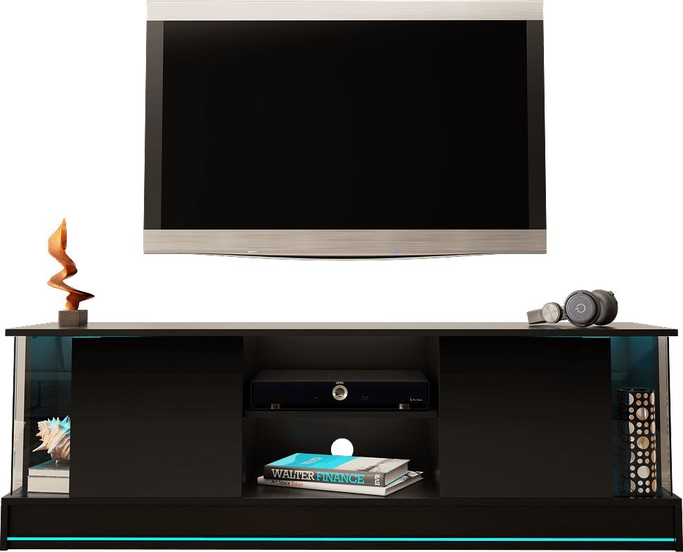 MEGSTYL SZAFKA RTV 155CM Z LISTWĄ LED - EFECTO 6 Czarny mat - Czarny połysk