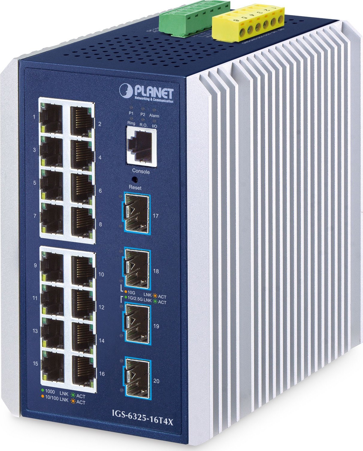 PLANET IP30 Industrial L3 16-Port Zarządzany Gigabit Ethernet (10/100/1000) Aluminium, Niebieski