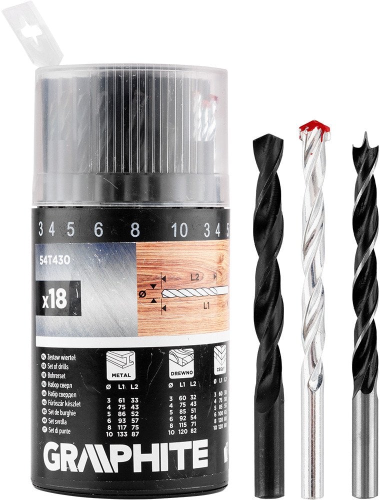 Zestaw wierteł do metalu, drewna, cegły: 3, 4, 5, 6, 8, 10 mm, 18 szt.
